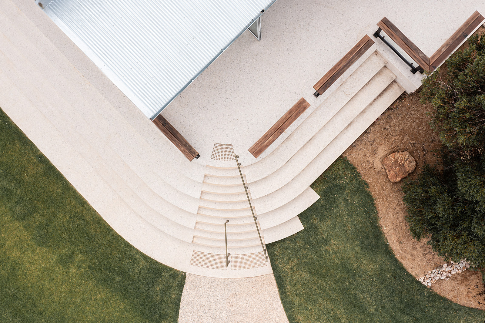 Aerial view of the curved arrival steps at Hills Cellar Door